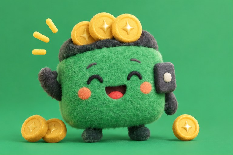 Pocky, a fluffy green felt wallet, cheering with coins on its head