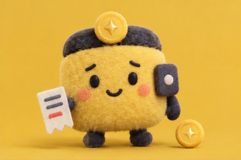 Pocky in yellow, holding a receipt and smiling nervously